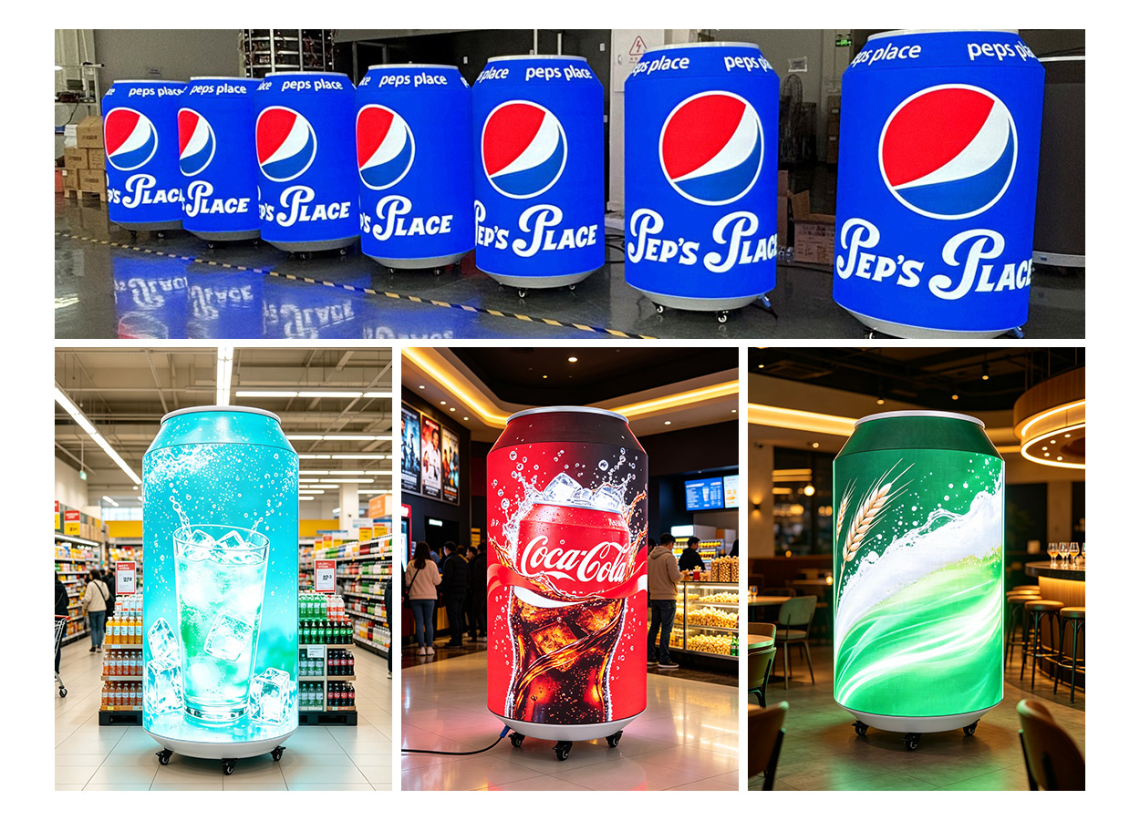 IndoorCanLEDScreen LED Display Manufacturer in China EagerLED Row of blue Pepsi Place cylindrical advertising displays on wheels lined up in a storewarehouse
