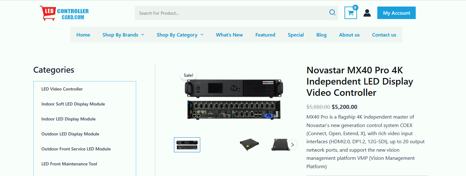 NovaStar MX40 Pro Price LED Display Manufacturer in China EagerLED Novastar MX40 Pro 4K LED video controller on a product listing page with a sale badge and thumbnails nearby