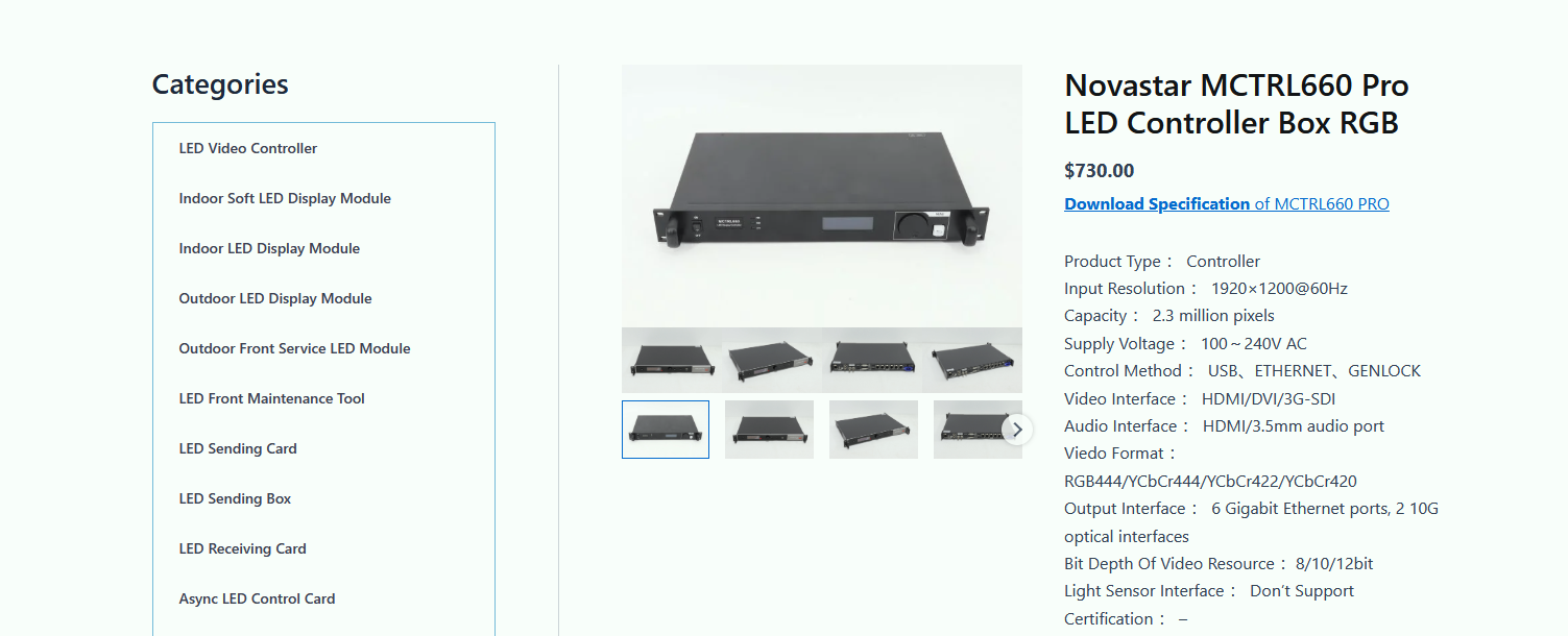 Novastar MCTRL660 Price LED Display Manufacturer in China EagerLED Front view of the Novastar MCTRL660 Pro RGB LED controller box with a row of thumbnail images beneath
