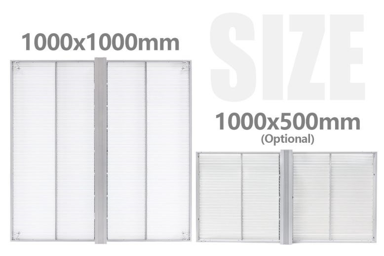 Tela LED transparente fixa 2 Gabinetes de LED transparentes EA1000TiF2 nos tamanhos 1000 x 1000 mm e, opcionalmente, 1000 x 500 mm.