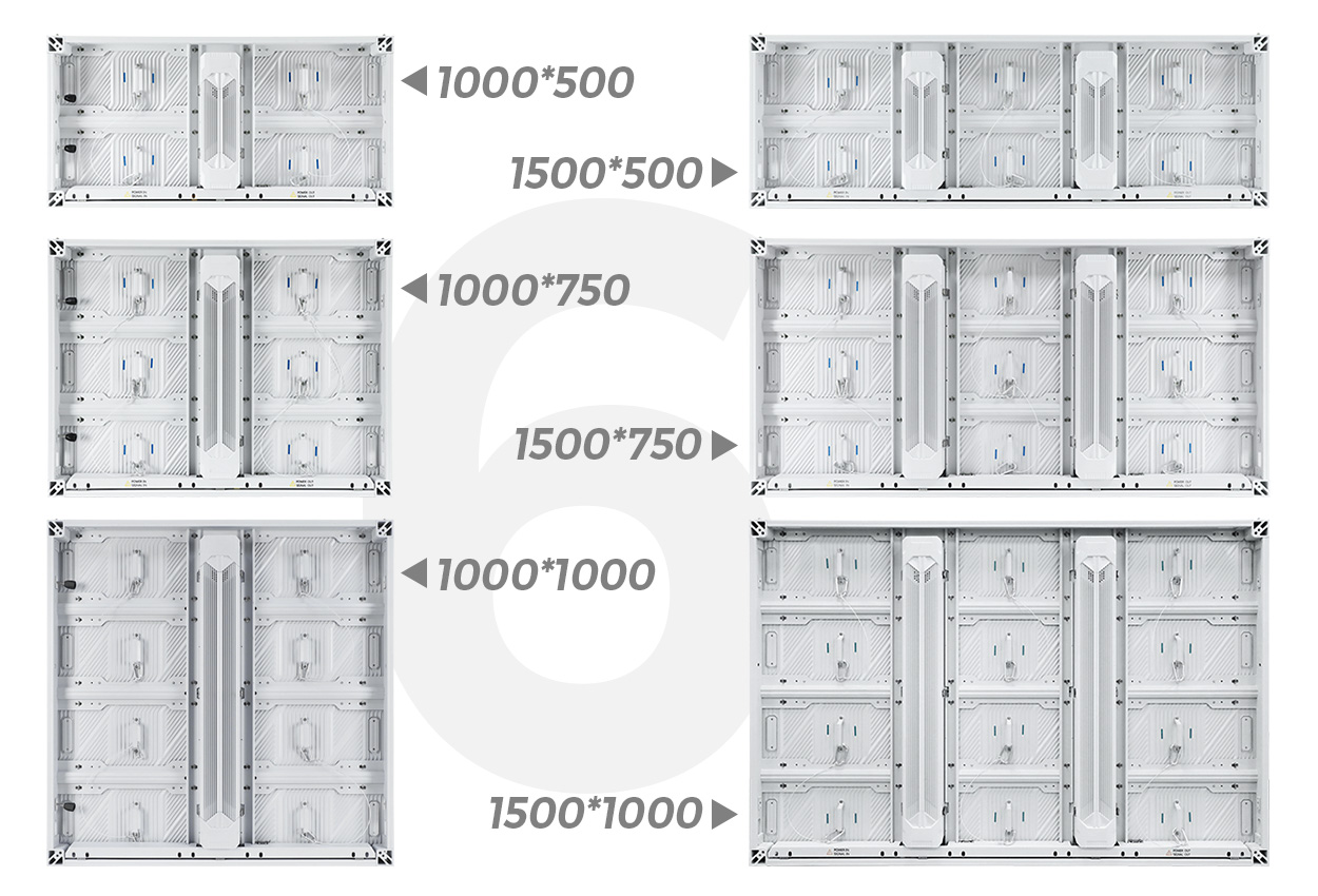 AdvertisingLEDScreen6 LED Display Manufacturer in China EagerLED Six gray industrial containers arranged in two columns of three with curved arrows between them showing size options 1000×500 1500×500 1000×750 1500×750 1000×1000 1500×1000