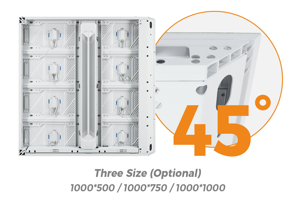 AdvertisingLEDScreen7 LED Display Manufacturer in China EagerLED White server rack with an orange 45° badge indicating three optional sizes 1000×500 1000×750 1000×1000