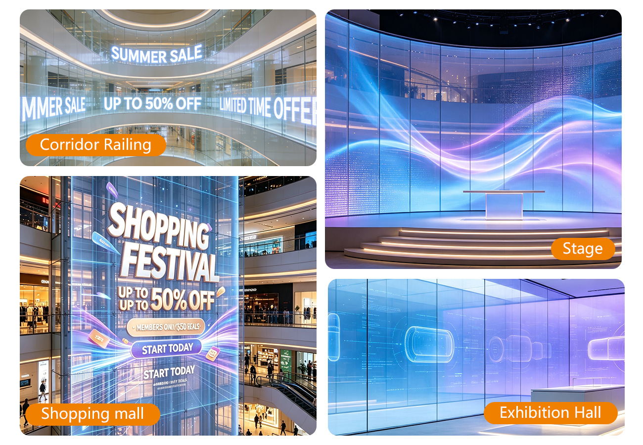 EAiFilm21 LED Display Manufacturer in China EagerLED Indoor shopping mall corridor with glass walls and bright sale banners reading SUMMER SALE and UP TO 50 OFF Orange rounded label Corridor Railing visible Classic advertising image in a mall setting conveys sale information and location