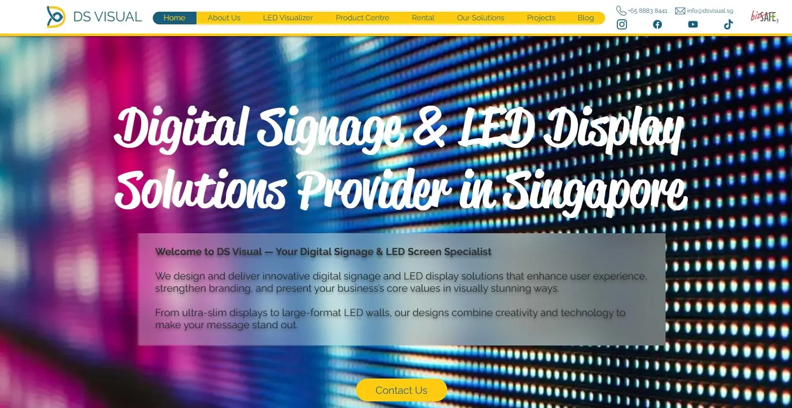 DS Visual LED Panel Manufacturer in Singapore LED Display Manufacturer in China EagerLED DS Visual homepage hero bright LED background with white cursive text stating Digital Signage LED Display Solutions Provider in Singapore and a yellow Contact Us button