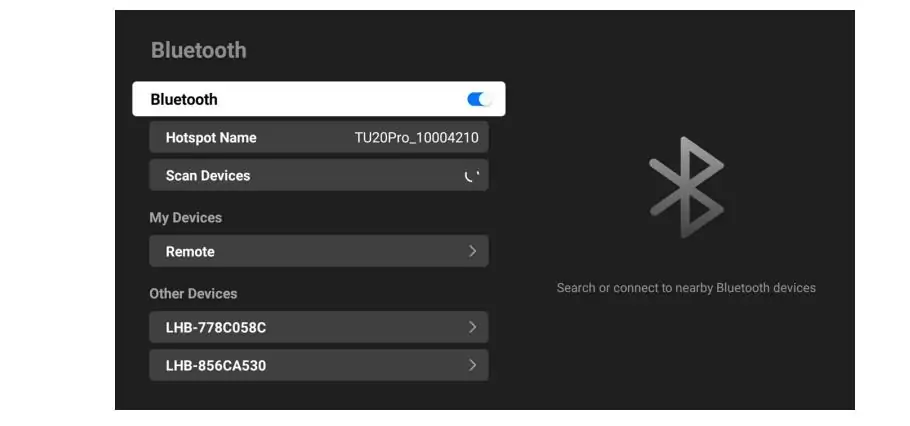 Bluetooth Peripherals LED Display Manufacturer in China EagerLED Bluetooth settings screen showing toggle on with Hotspot Name and Scan Devices options plus My Devices Remote and Other Devices two device IDs listed