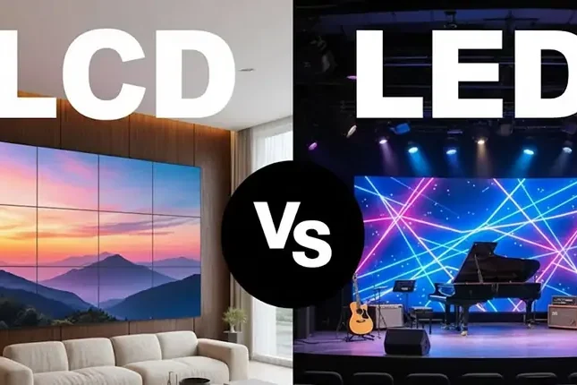 LCD vs. LED displays: tiled LCD video wall and a large LED stage screen
