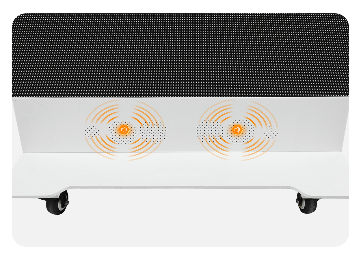OutdooorFoldablePosterLEDScreen5 LED Display Manufacturer in China EagerLED White portable air purifier on wheels with two orange circular airflow indicators on the front panel