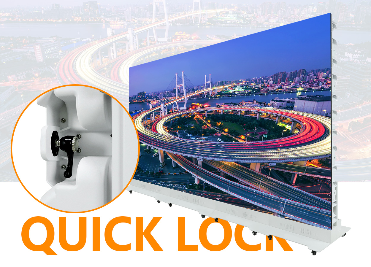 OutdooorFoldablePosterLEDScreen7 LED Display Manufacturer in China EagerLED LED video wall displaying a nighttime cityscape with looping highway light trails circled inset highlights a quick lock mechanism large orange QUICK LOCK text