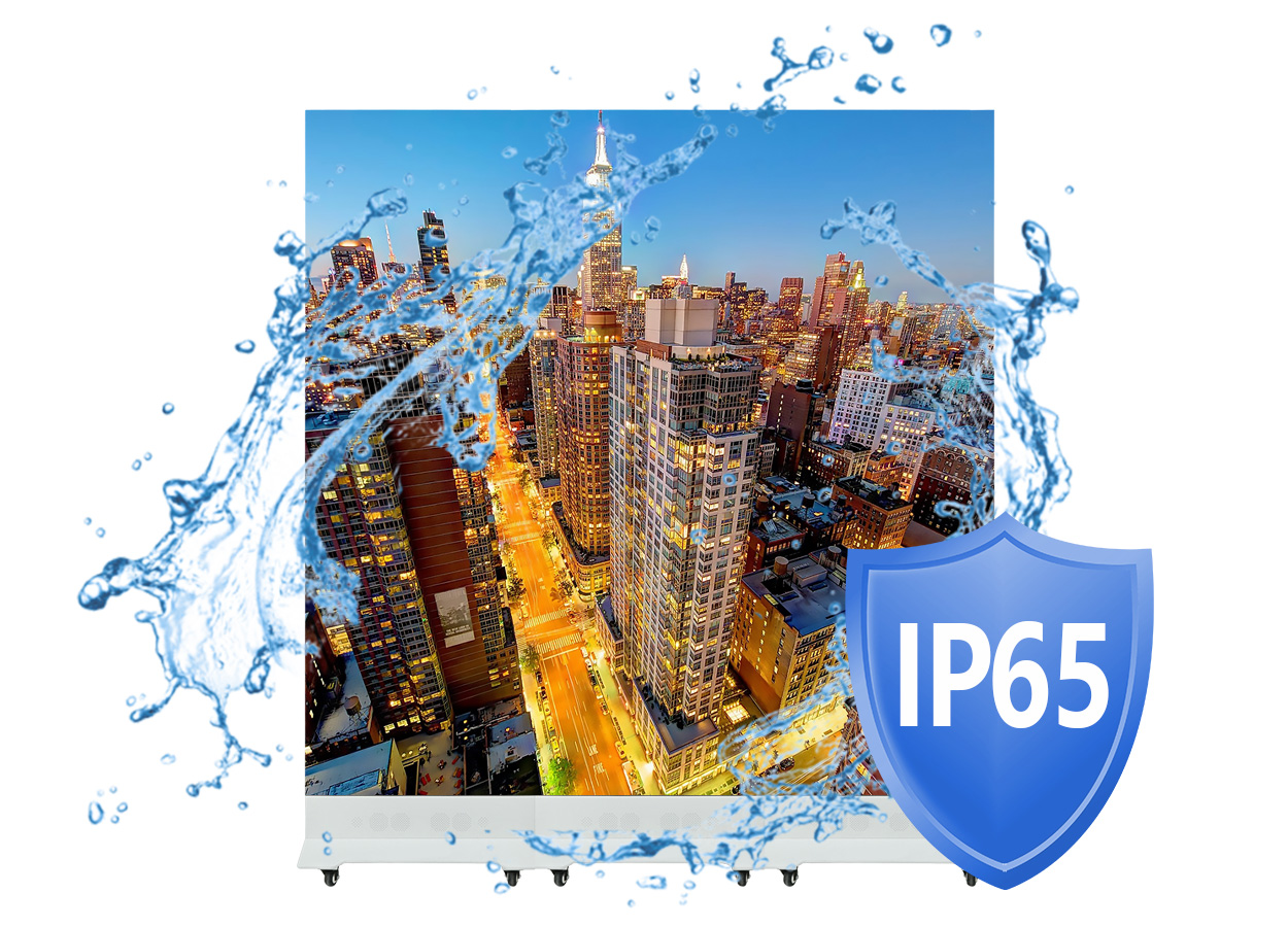 OutdooorFoldablePosterLEDScreen8 LED Display Manufacturer in China EagerLED City skyline photo framed by water splashes and an IP65 shield signaling water proof protection