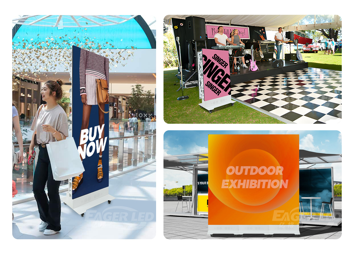 OutdooorFoldablePosterLEDScreen9 LED Display Manufacturer in China EagerLED Collage shopper beside a tall BUY NOW promo stand a band on a checkered floor stage and an orange OUTDOOR EXHIBITION display