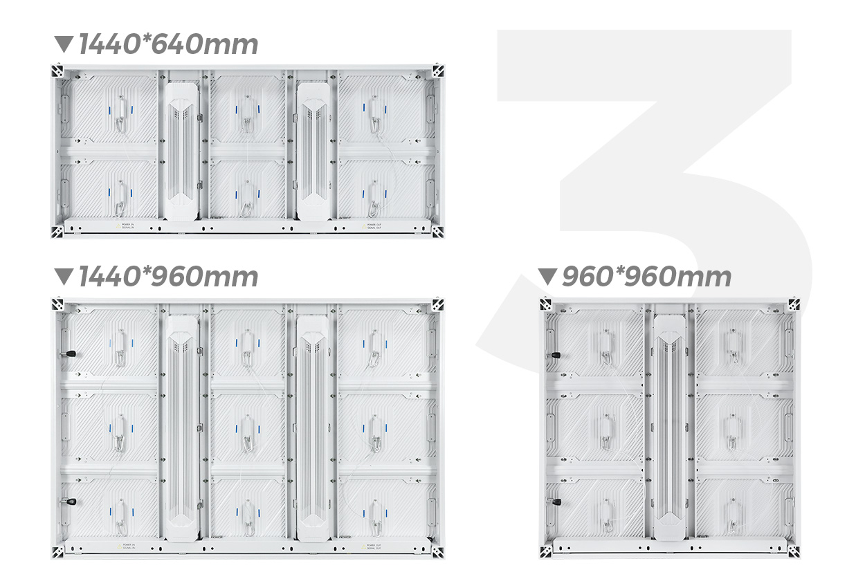 Advertising LED Display 6 LED Display Manufacturer in China EagerLED Rear view of modular LED display cabinets shown in three size options 1440×640mm 1440×960mm and 960×960mm with a large 3 watermark in the background