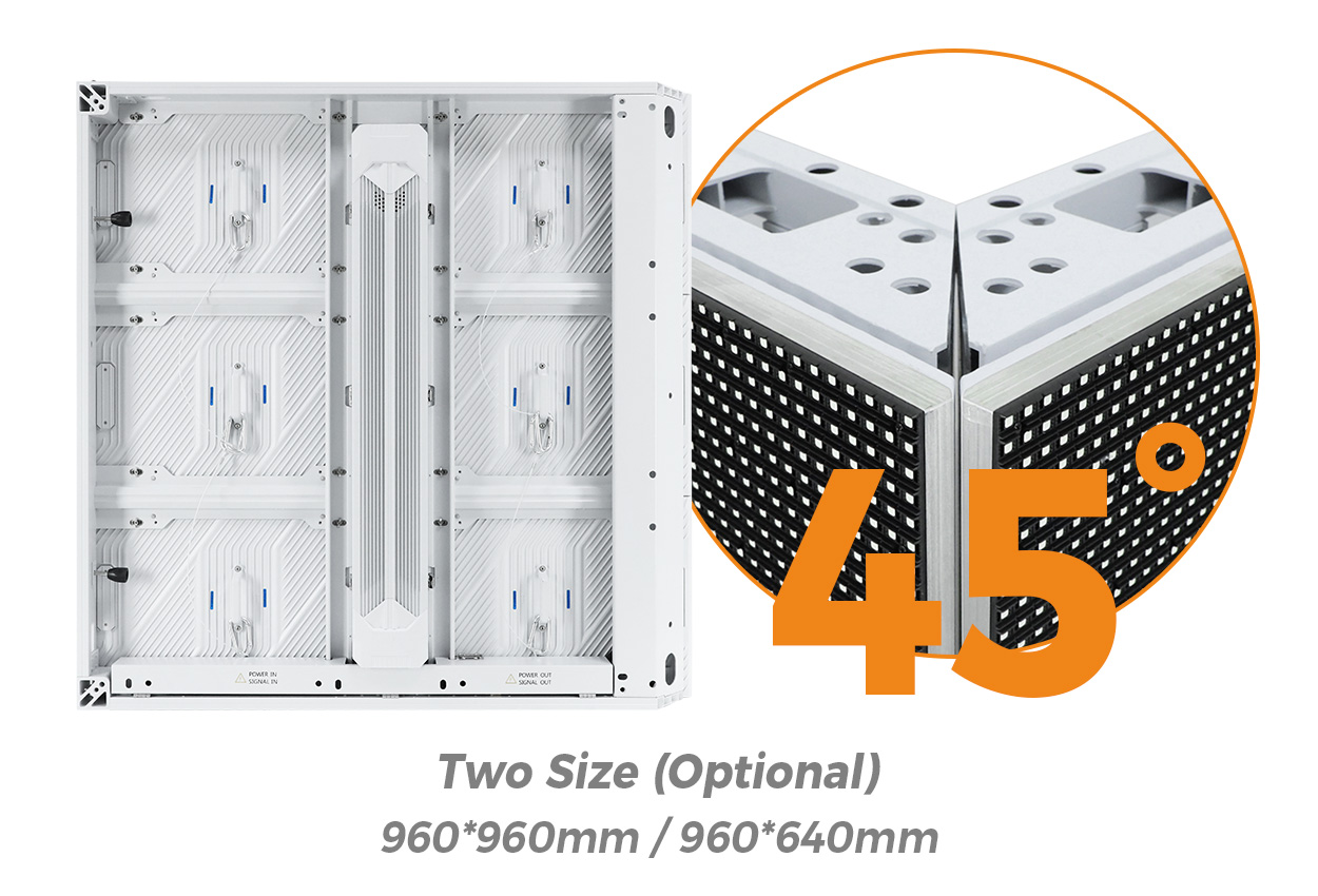 Advertising LED Display 7 LED Display Manufacturer in China EagerLED Server rack cabinet with a circular zoom showing a 45° corner detail option to choose two sizes 960×960 mm or 960×640 mm
