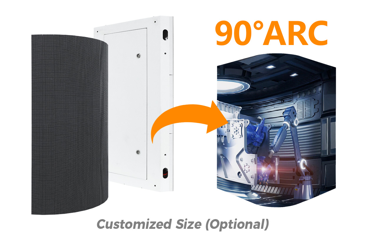 Advertising LED Display 8 LED Display Manufacturer in China EagerLED Illustration of a curved LED panel transforming into a high tech robotic chamber with the label 90° ARC and Customized Size Optional