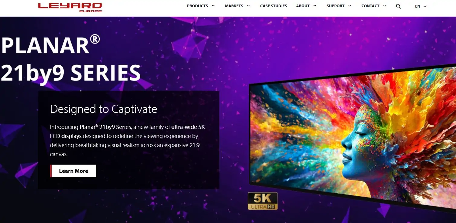 Leyard Europe LED Display Manufacturer in China EagerLED Promotional hero for Planar 21by9 Series ultrawide 5K LCD displays with a purple background dark text panel Designed to Captivate and a colorful monitor on the right