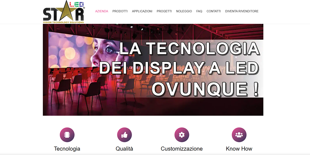 13 StarLed ItaliaLED Screen Manufacturer LED Display Manufacturer in China EagerLED Hero banner promoting LED display technology with a conference room stage and large Italian headline LA TECNOLOGIA DEI DISPLAY A LED OVUNQUE