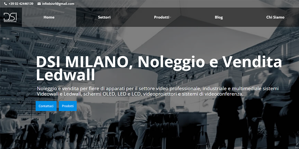 15 DSI MilanoLED Screen Manufacturer LED Display Manufacturer in China EagerLED Hero image for DSI Milano showing an exhibition hall with the headline DSI MILANO Noleggio e Vendita Ledwall and blue Contattaci and Prodotti buttons