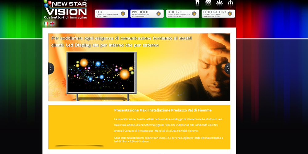17 New Star VisionLED Screen Manufacturer LED Display Manufacturer in China EagerLED Colorful New Star Vision banner with logo language flags and a white framed image of a TV screen beside a man over a gradient background