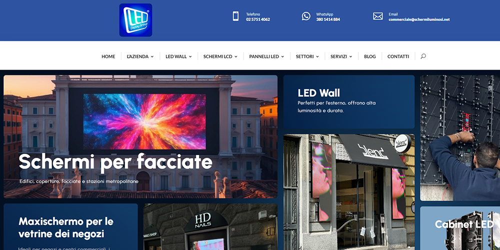 18 LED Display SrlLED Screen Manufacturer LED Display Manufacturer in China EagerLED Homepage hero grid for an LED display company with a large banner reading Schermi per facciate and multiple tile panels showcasing LED wall installations and storefront displays
