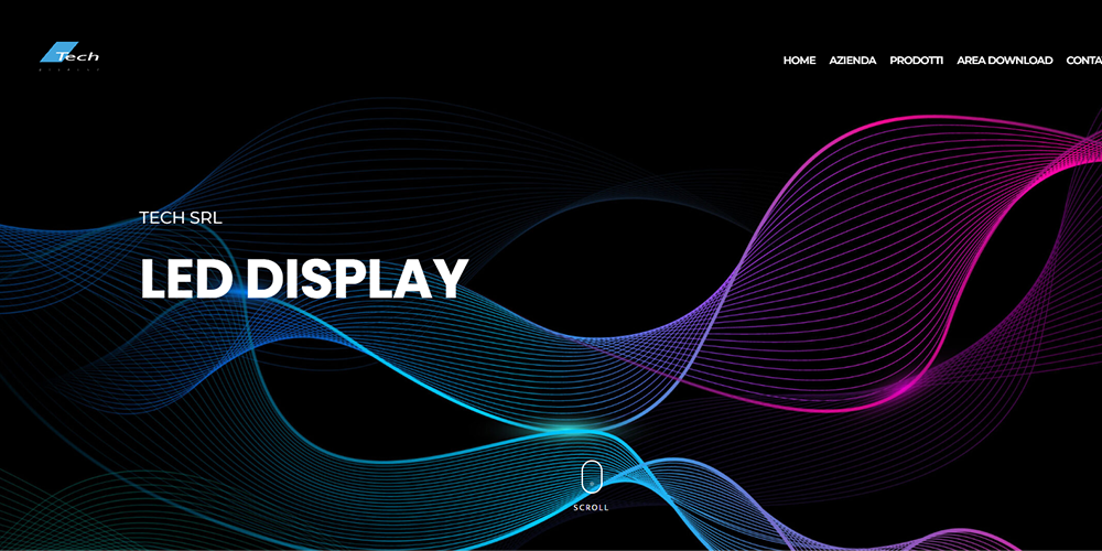 7 TECH SrlLED Screen Manufacturer LED Display Manufacturer in China EagerLED Dark hero banner with neon blue purple and pink waves the headline LED DISPLAY and the Tech SRL logo at top left with a minimal navigation bar at the top right