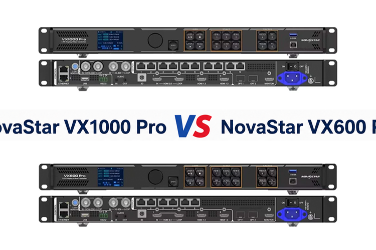Rack-mount NovaStar VX1000 Pro and VX600 Pro LED video processors with a central comparison banner reading 'NovaStar VX1000 Pro VS NovaStar VX600 Pro'.