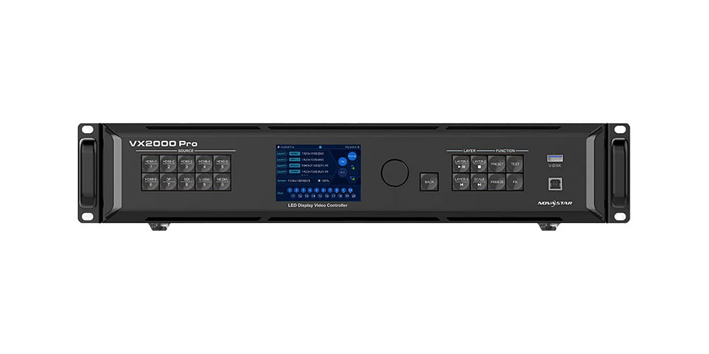 NovaStar VX2000 Pro LED Display Manufacturer in China EagerLED Front view of a rackmount VX2000 Pro LED display video controller with control panels on both sides and a central blue screen