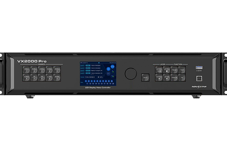 NovaStar VX2000 Pro Rack-mount VX2000 Pro LED video controller with blue LCD display in the center and numerous control buttons on both sides.