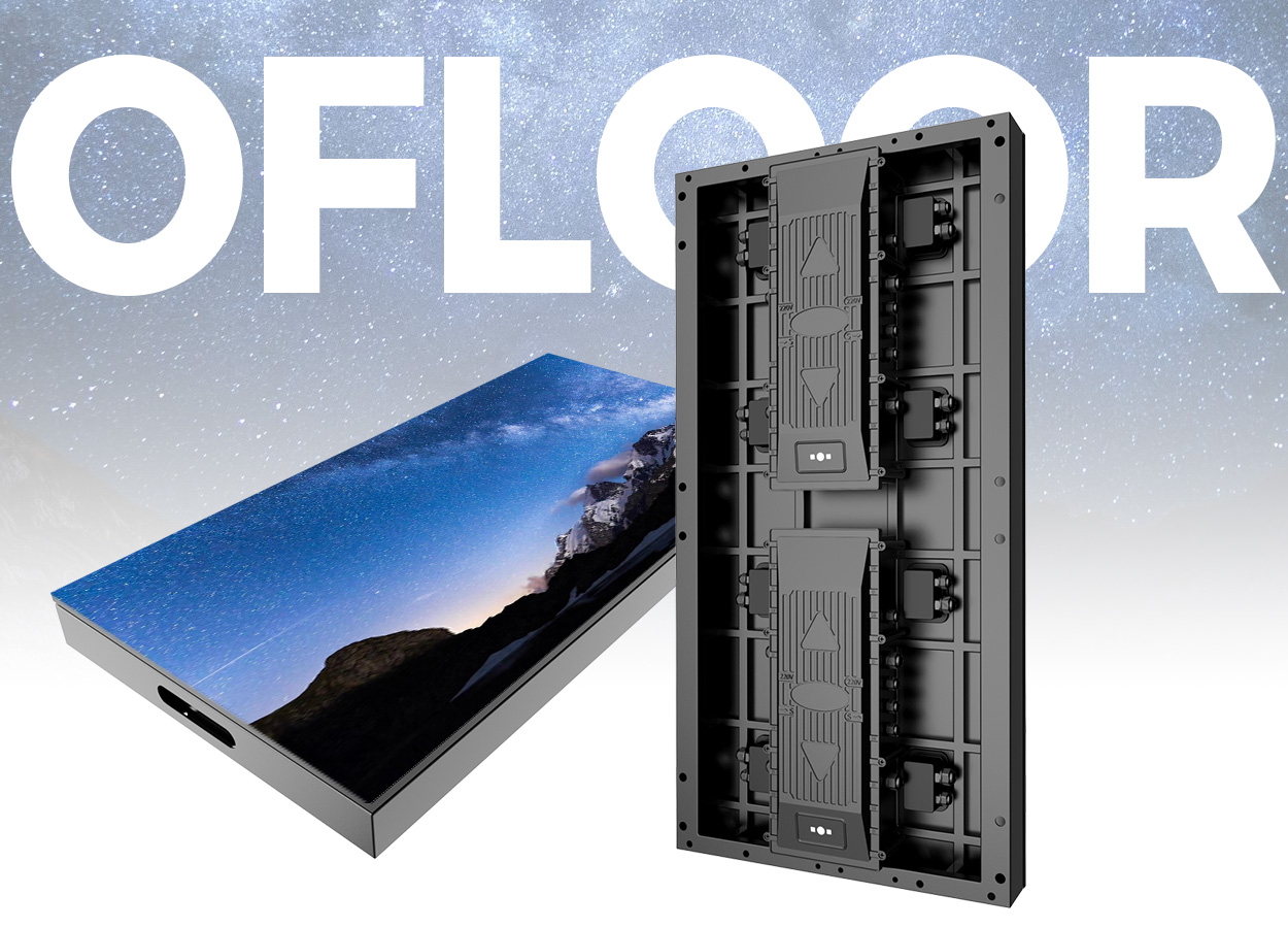 Outdoor Floor LED Screen 1 LED Display Manufacturer in China EagerLED Flat screen display leaning against a tall modular LED panel rack with a large FLOOR logo behind it on a starry background