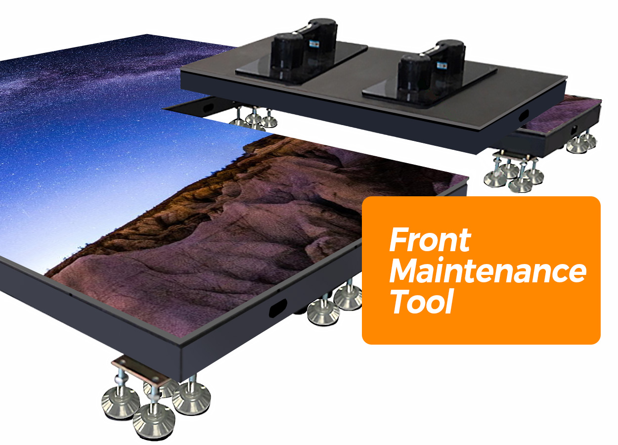 Outdoor Floor LED Screen 5 LED Display Manufacturer in China EagerLED 3D rendering of a wheeled modular maintenance tool with two stacked platform sections and an orange label reading Front Maintenance Tool