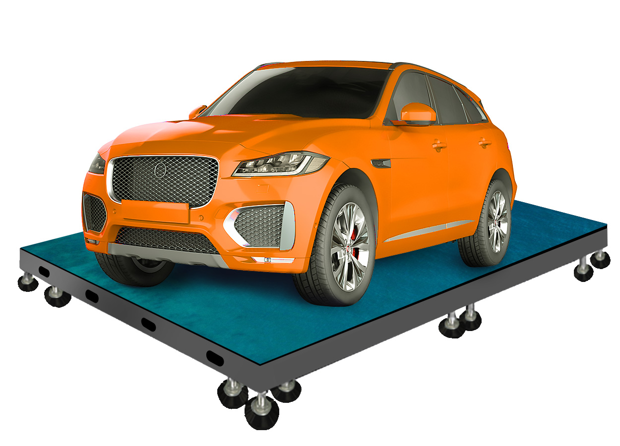 Outdoor Floor LED Screen 7 LED Display Manufacturer in China EagerLED 3D render of an orange SUV parked on a blue testing platform with caster wheels visible underneath