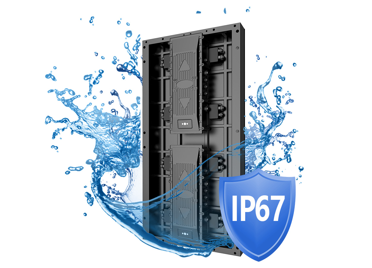 Outdoor Floor LED Screen 8 LED Display Manufacturer in China EagerLED Rugged electronic enclosure with stacked modules surrounded by water splashes and an IP67 shield indicating waterproof protection
