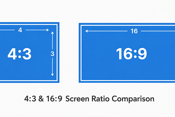 aspect ratio-1 Comparison of screen aspect ratios: left panel shows 4:3 with width 4 and height 3; right panel shows 16:9 with width 16 and height 9.