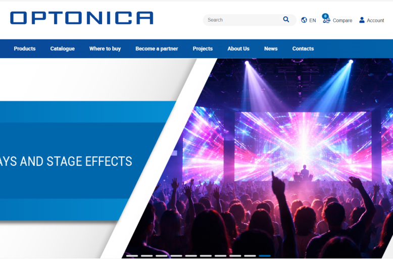 Optonica LED stage lighting and display banner above a concert crowd