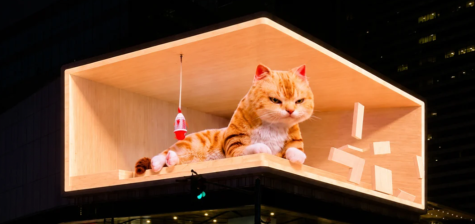 3D billboard4 LED Display Manufacturer in China EagerLED Orange tabby cat lounging inside a lit wooden box sculpture suspended above a city street at night with a red toy hanging nearby