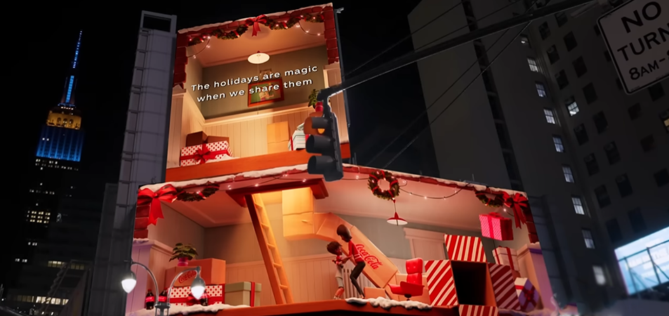 3D billboardCoca Cola 3D Billboard Times Square LED Display Manufacturer in China EagerLED Nighttime city street with a twostory holiday display of wrapped gifts and lights featuring the slogan The holidays are magic when we share them