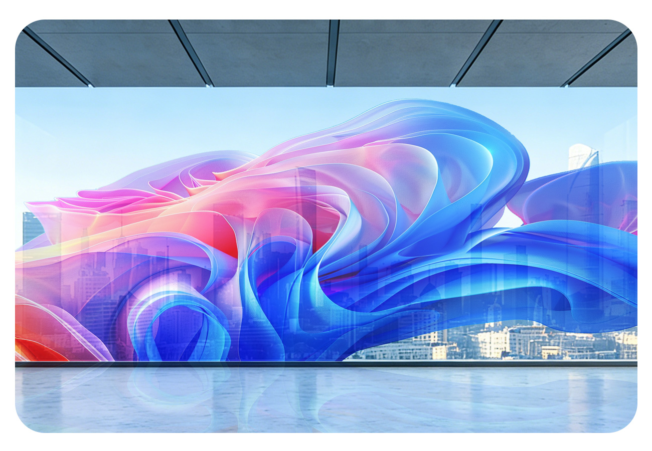 EA250INV LED Display Manufacturer in China EagerLED Abstract glass wall mural with swirling blue and pink ribbons city skyline visible through the window behind it