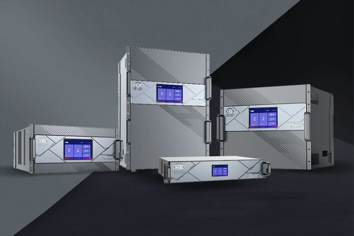 NovastarHSeriesH15H9H5H2Videosplicermatrix3N LED Display Manufacturer in China EagerLED Five gray industrial power systems with blue touchscreen displays arranged on a dark backdrop