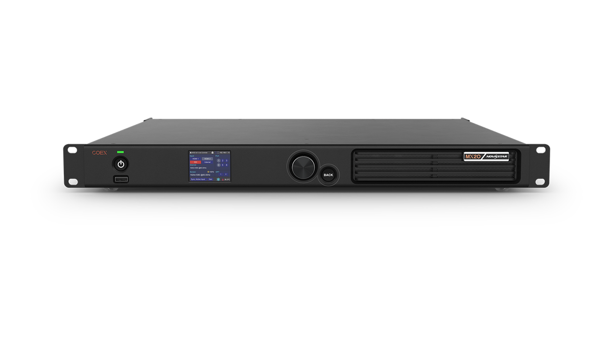 NovastarMX20LEDDisplayController1 LED Display Manufacturer in China EagerLED Front view of the NovaStar MX20 LED display controller with display screen rotary knob power button and 1U rack chassis