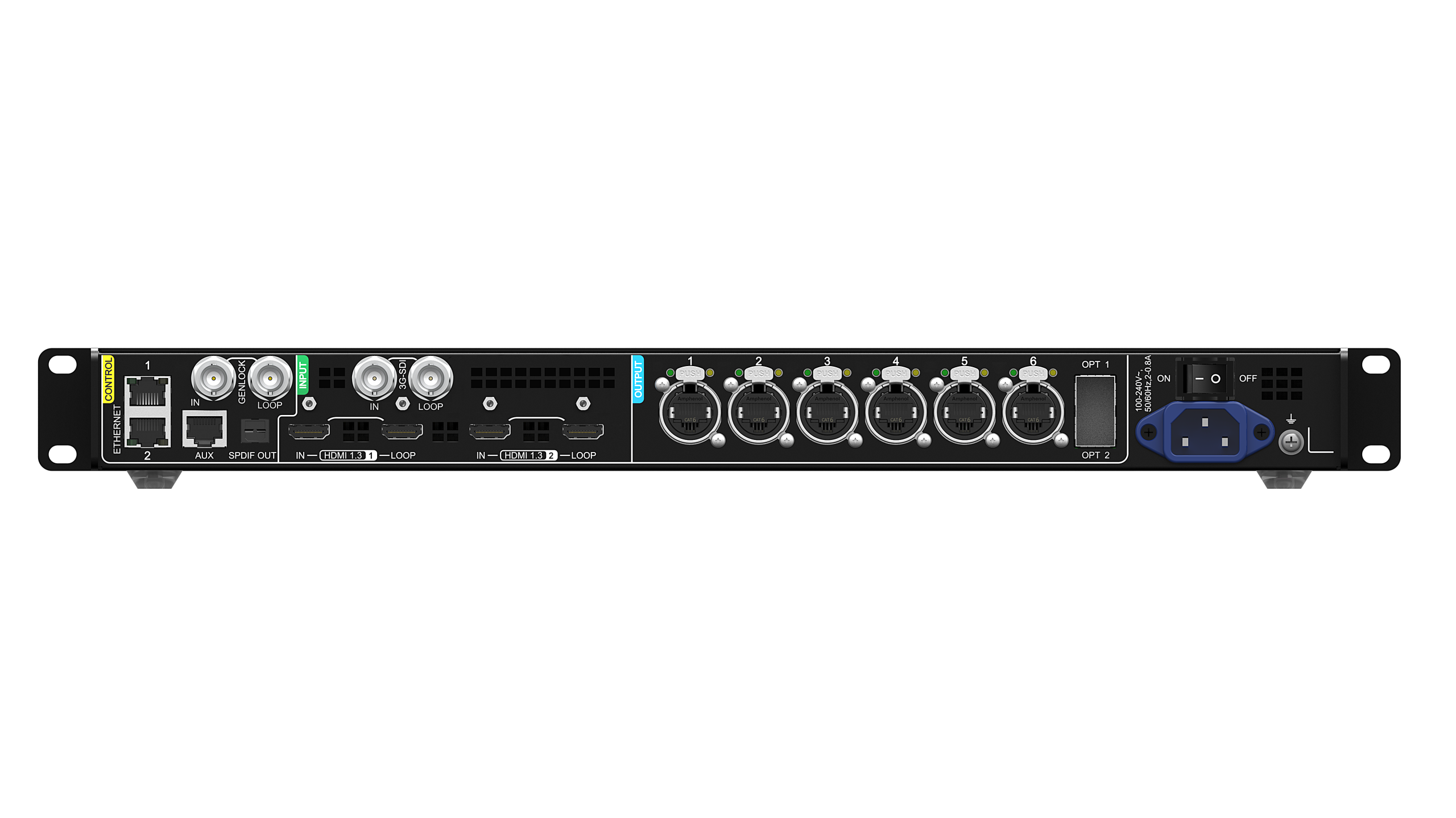 NovastarMX20LEDDisplayController LED Display Manufacturer in China EagerLED Front view of a rack mount AV server with multiple circular connectors labeled INPUTOUTPUT HDMI ports and loop outputs plus Ethernet and USB ports and a blue power inlet on the right side