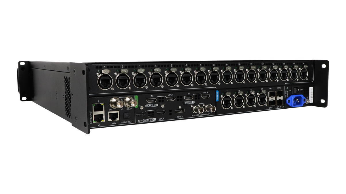 NovastarMX40Pro1 LED Display Manufacturer in China EagerLED Angled rear view of the NovaStar MX40 Pro showing 20 Ethernet outputs HDMI 20 DisplayPort 12G SDI optical and control ports