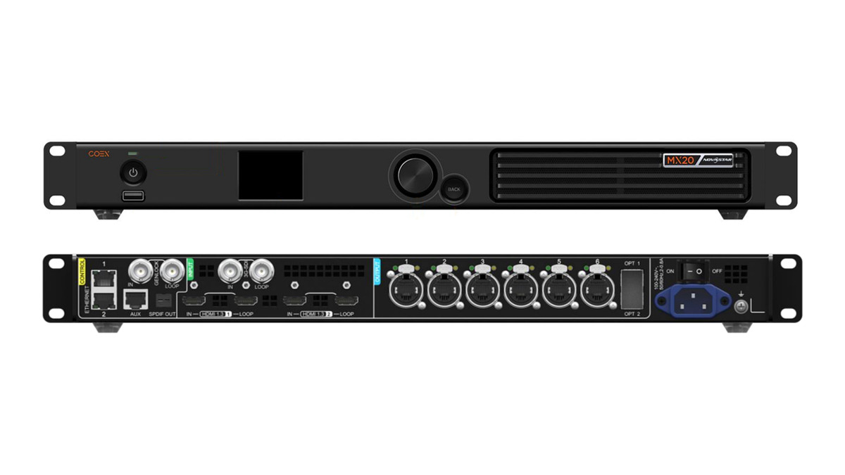 NovastarMX40Pro4 LED Display Manufacturer in China EagerLED Front and rear views of the NovaStar MX20 LED display controller showing six Ethernet and two optical outputs