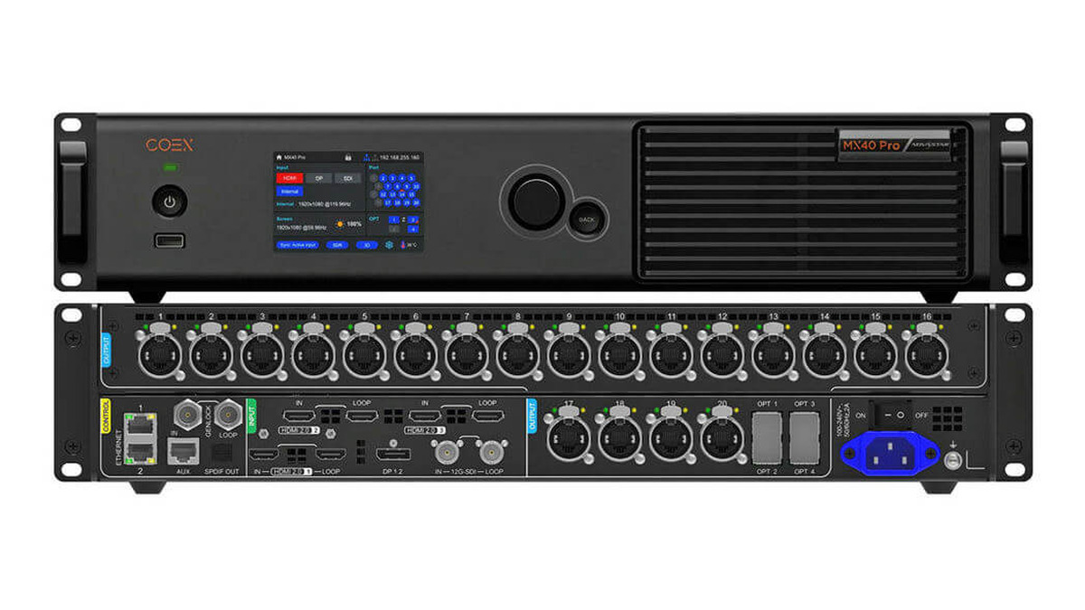 NovastarMX40Pro LED Display Manufacturer in China EagerLED Front and rear views of the NovaStar MX40 Pro LED display controller showing the control panel and 20 Ethernet outputs