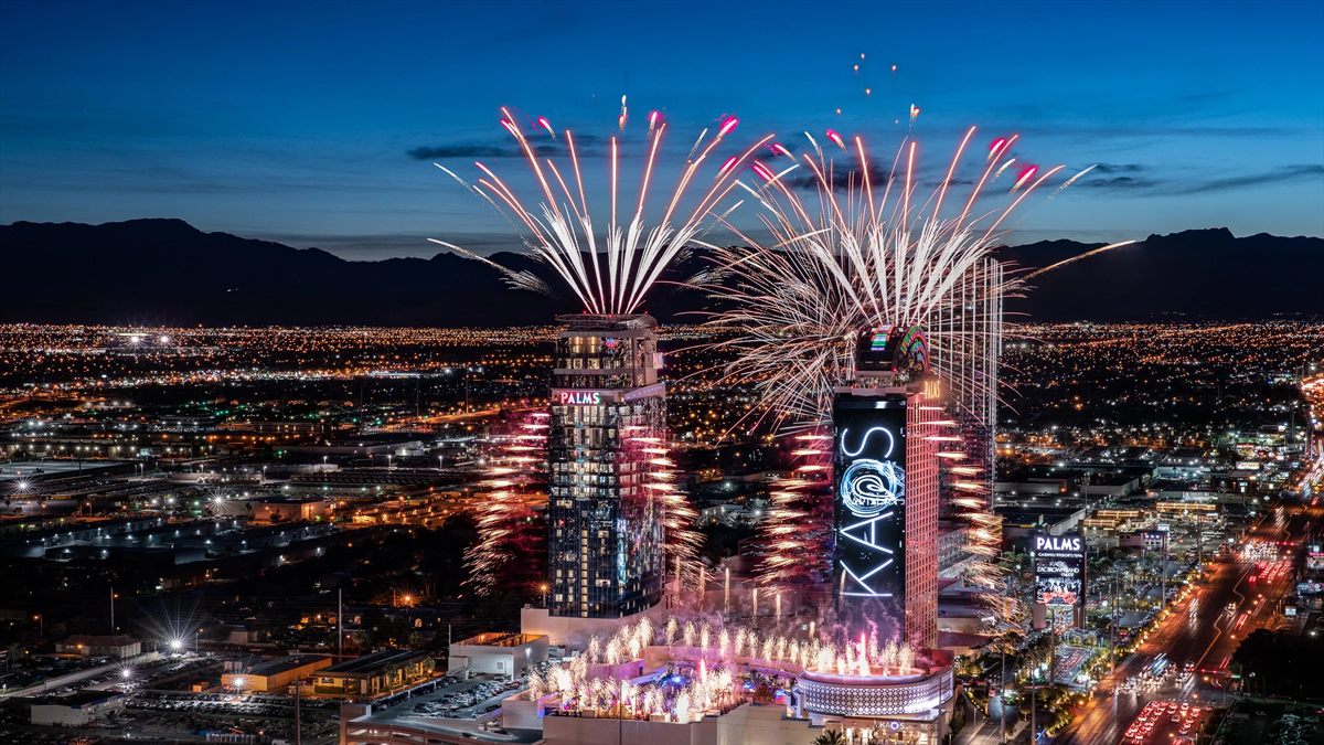 Palms Casino Resort Biggest LED Screen Project LED Display Manufacturer in China EagerLED Fireworks explode over the Palms Casino Resort towers in Las Vegas at dusk with city lights below