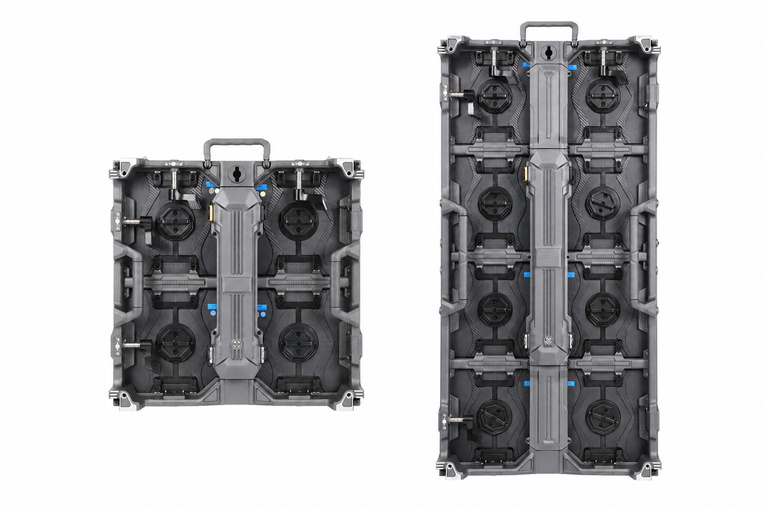 Rental LED Display Cabinet 500 × 1000 500×500 LED Display Manufacturer in China EagerLED Two modular battery packs for a data center UPS shown from front and side views with gray casings black circular terminals and blue labeling areas