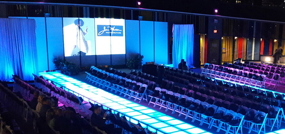 Stage LED Screen3 LED Display Manufacturer in China EagerLED Indoor event runway with illuminated LED stage panels and video backdrop