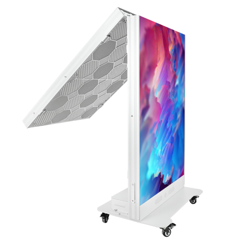 EA1920iP5 室內 LED 海報顯示器 移動式數位顯示屏,安裝在帶輪白色支架上,配有高大的垂直屏幕和傾斜的頂部面板。