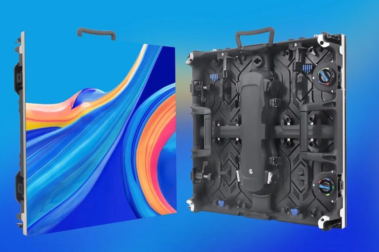 Commercial LED display rental cabinet shown from the front and rear