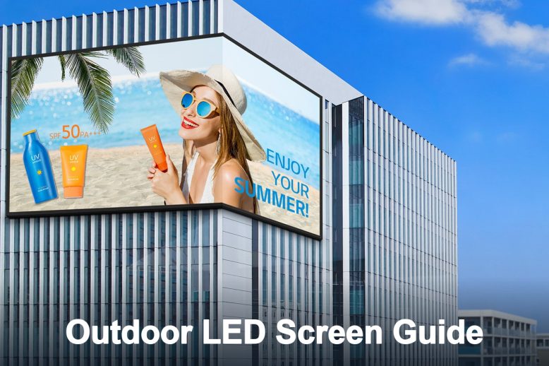 Outdoor LED billboard on a modern glass building showing a woman at the beach holding sunscreen with 'Enjoy Your Summer' text似。