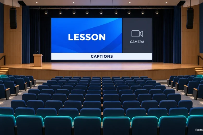 layout de legenda liderado pelo auditório Tela de LED ilustrativa para auditório com câmera de aula separada e áreas para legendas.