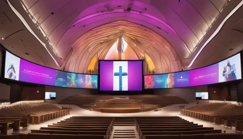 Wide church stage display extending around a central screen beneath an arched ceiling LED Display Manufacturer in China EagerLED Wide church stage display extending around a central screen beneath an arched ceiling