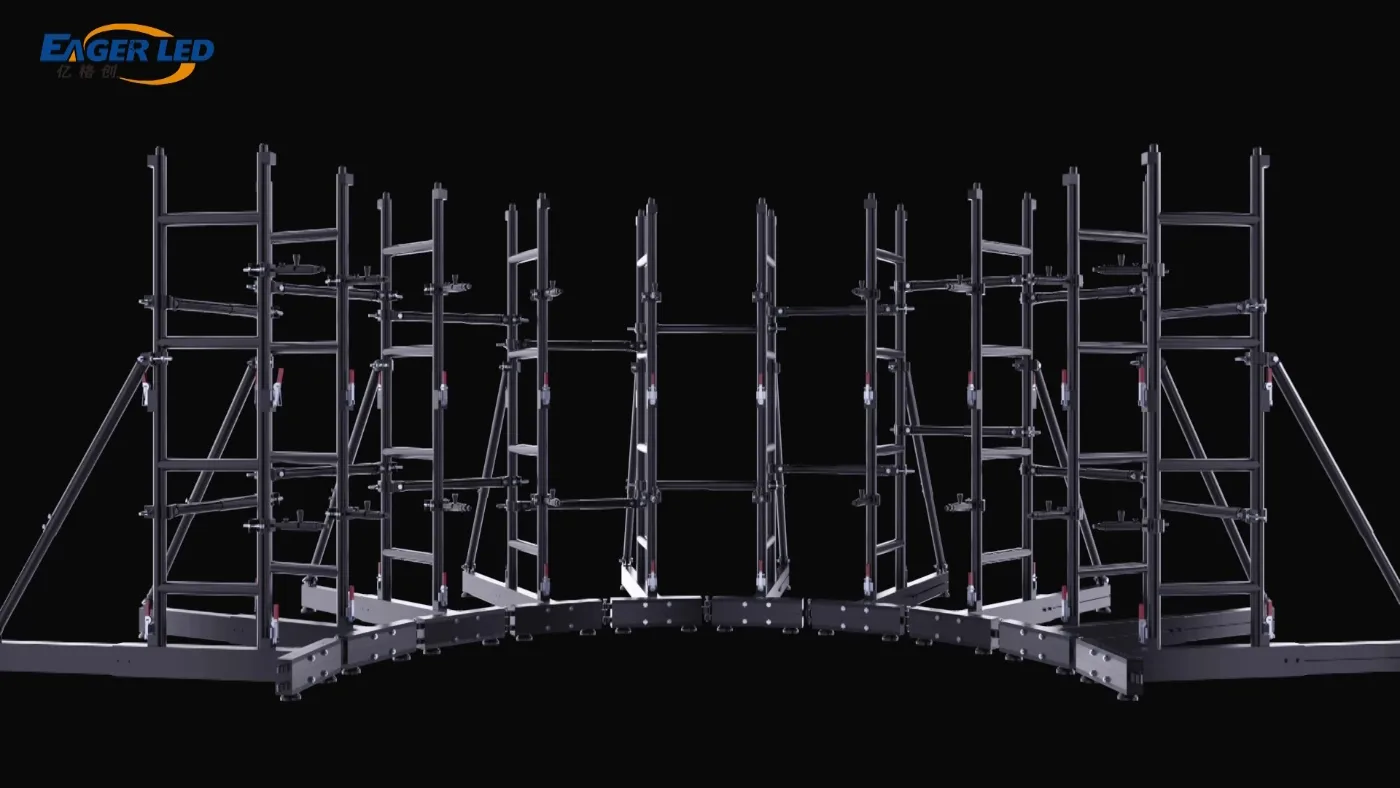 Ground support frame built to an arc for a curved rental LED screen